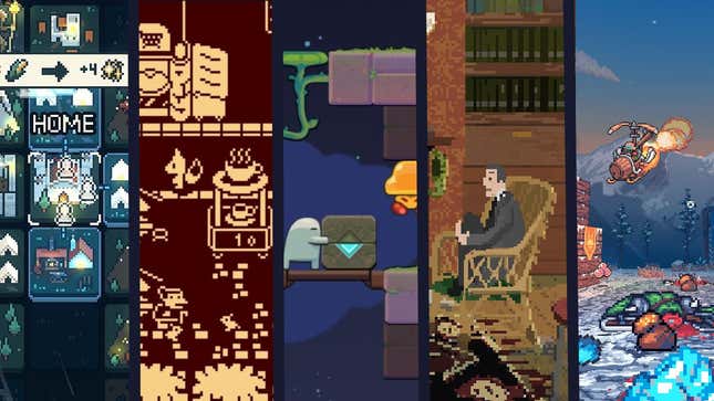 Five indie games, split into rectangular slices.
