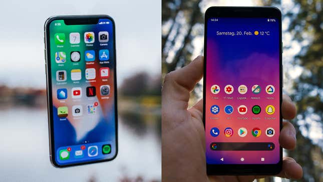 A picture of an iPhone next to a picture of a Galaxy