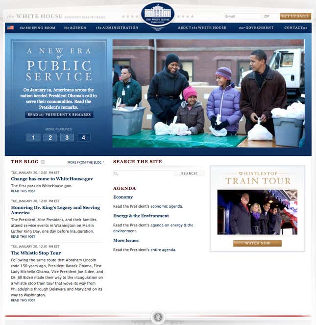 The homepage of whitehouse.gov as of Jan. 20, 2009.