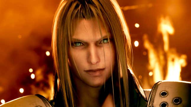 El gran malvado Sephiroth de Final Fantasy VII Remake mira fijamente a la cámara mientras un fuego arde detrás de él.