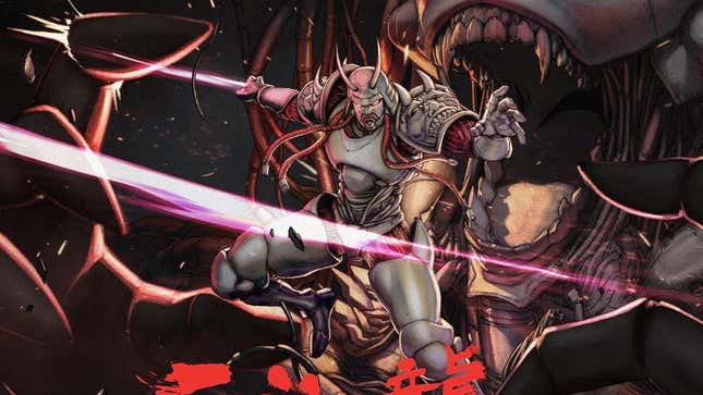 Art shows a Samurai robot slashing through injustice. 