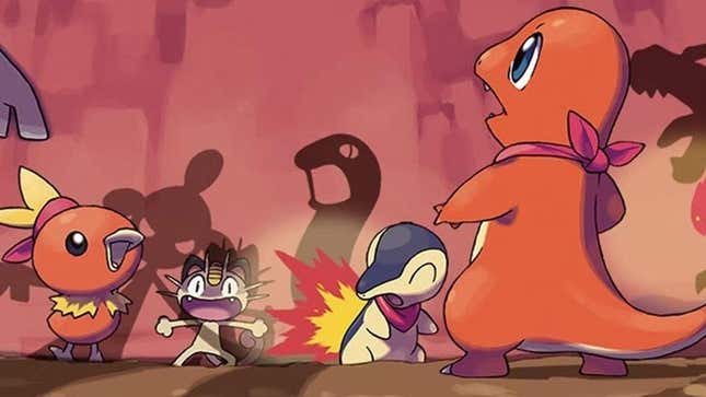 Torchic, Meowth, Cyndaquil y Charmander se encuentran en una caverna rocosa.