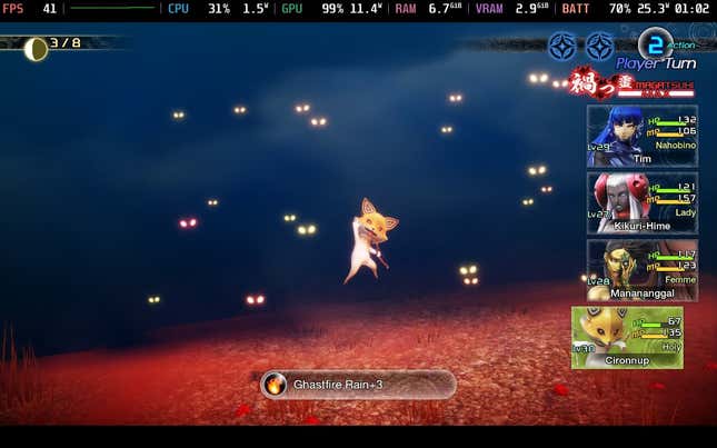 A screenshot of SMT V: Vengeance taken on Steam Deck with performance data across the top of the screen: FPS, CPU usage, GPU usage, and so on.