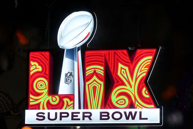 The Super Bowl 59 logo on a promotional display in the French Quarter on December 14, 2024 in New Orleans, Louisiana.