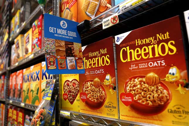 Boxes of General Mills’ Honey Nut Cheerios are displayed at Scotty’s Market on September 20, 2017 in San Rafael, California.