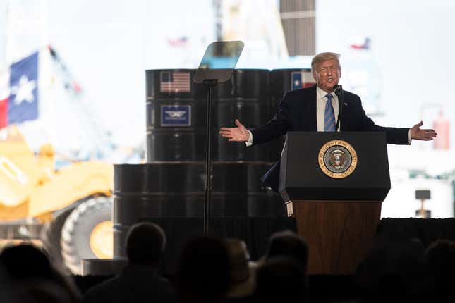 President Donald Trump, in 2020, speaks at an active oil rig in Midland, Texas. In both his first and second terms, he’s been a major promoted of oil drilling.