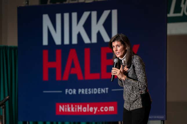 CONWAY, SOUTH CAROLINA - JANUARY 28: Republican presidential hopeful and former UN Ambassador Nikki Haley speaks at a rally on January 28, 2024 in Conway, South Carolina. After her defeat to Trump in New Hampshire, Haley pledged to continue on to her home state of South Carolina, insisting she still has a path to the nomination.