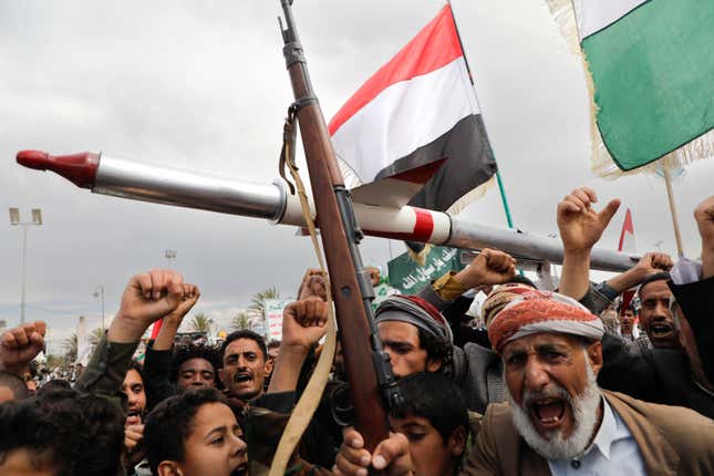 Houthi supporters attend a rally against the U.S. airstrikes on Yemen and the Israeli offensive against the Palestinians in Gaza SAtrip, in Sanaa, Yemen, Friday, March 8, 2024. (AP Photo/Osamah Abdulrahman)