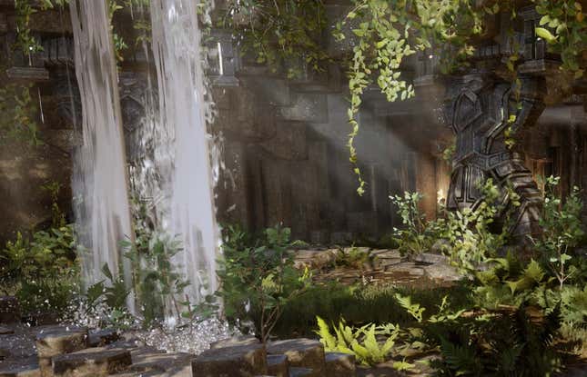 A waterfall next to a cave structure.