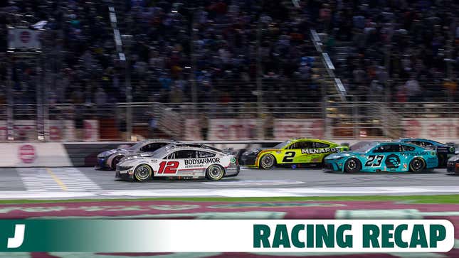  Daniel Suarez, driver of the #99 Freeway Insurance Chevrolet, crosses the finish line ahead of Kyle Busch, driver of the #8 Cheddar's Scratch Kitchen Chevrolet, and Ryan Blaney, driver of the #12 BodyArmor Zero Sugar Ford, to win the NASCAR Cup Series Ambetter Health 400 at Atlanta Motor Speedway on February 25, 2024 in Hampton, Georgia.