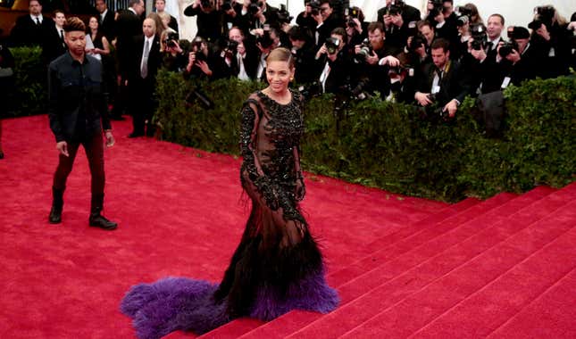 Beyonce arrives at the Metropolitan Museum of Art Costume Institute gala benefit, celebrating Elsa Schiaparelli and Miuccia Prada, Monday, May 7, 2012 in New York. (AP Photo/Charles Sykes)