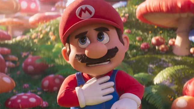 Mario looks a bit distraught while standing in a field of mushrooms in The Super Mario Bros. Movie.