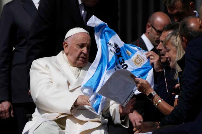 Pope Francis meets faithful at the end of his weekly general audience in St. Peter&#39;s Square, at the Vatican, Wednesday, April 24, 2024. (AP Photo/Alessandra Tarantino)