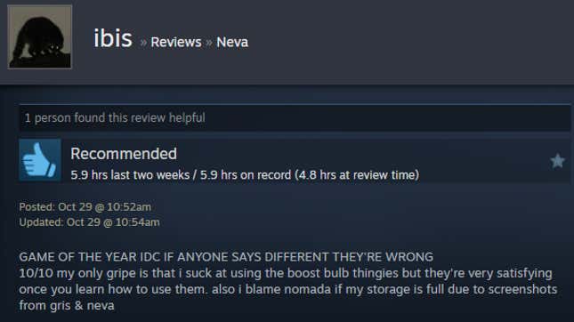 A screenshot shows a Steam user review from Neva.