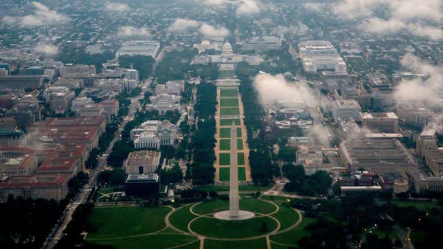 An aerial photo of the Washington Monument and the Capitol Building. 