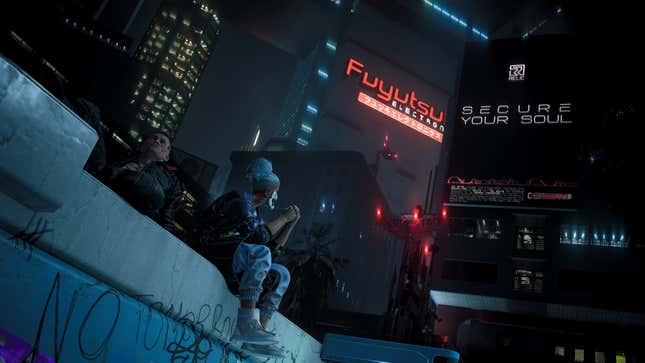 Jackie and V look up at the skyscrapers of Night City.