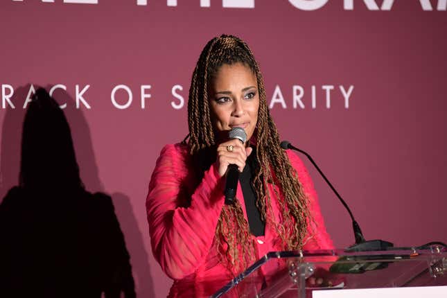 WEST HOLLYWOOD, CALIFORNIA - FEBRUARY 02: Amanda Seales speaks on stage during the Grit Before The Gram returns for the 65th Annual Grammy Awards at The West Hollywood EDITION on February 02, 2023 in West Hollywood, California.
