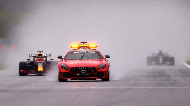 The safety car leads Max Verstappen and Lewis Hamilton in Belgium 