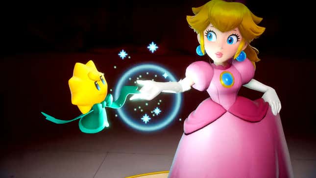 Princess Peach touches the leaf of a floating plant-looking being in her Nintendo Switch-exclusive game, Showtime!