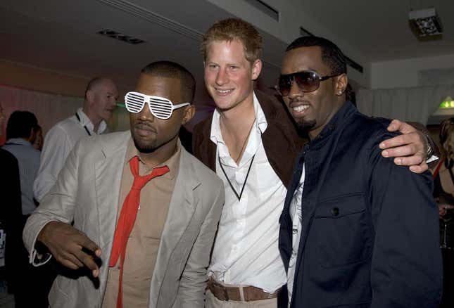 Prince Harry meet rappers Kanye West (2nd from L) and P Diddy (R) at the Concert for Diana After Party at Wembley Stadium on July 1, 2007 in London, England.