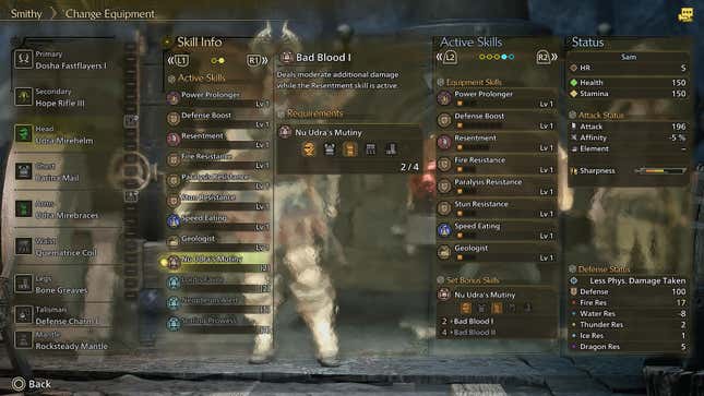 An equipment screen, highlighting the Nu Udra’s Mutiny Set Bonus skill and related Bad Blood I buff.