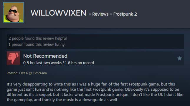 Image for article titled Frozen City Builder Frostpunk 2, As Told By Steam Reviews