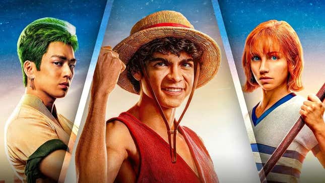 Zoro (Mackenyu), Luffy (Iñaki Godoy), and Nami (Emily Rudd) in character posters for One Piece.