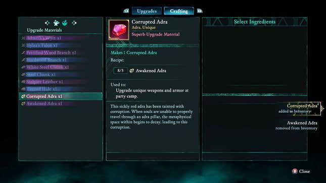 The crafting screen for Corrupted Adra.