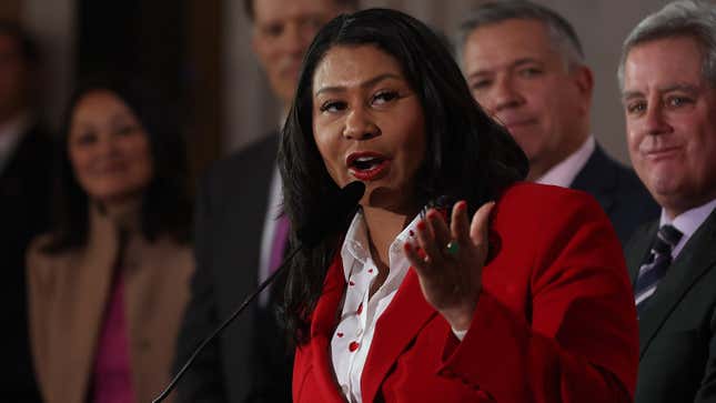 SAN FRANCISCO, CALIFORNIA - FEBRUARY 14: San Francisco Mayor London Breed speaks during a “Winter of Love” ceremony at San Francisco City Hall on February 14, 2024 in San Francisco, California. Mayor Breed renewed the vows of two same-sex couples during the event to celebrate the 20th anniversary of the first same-sex marriages in San Francisco.