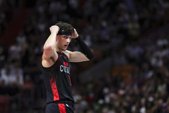 Nov 3, 2023; Miami, Florida, USA; Miami Heat guard Tyler Herro (14) looks on against the Washington Wizards during the second quarter at Kaseya Center.