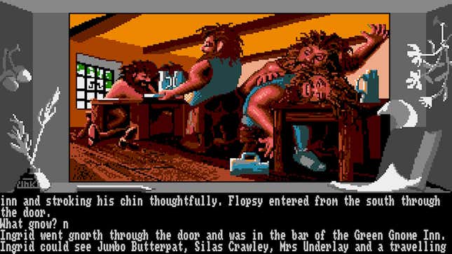 A screenshot from Level 9 text adventure Ingrid's Back, with drunk dwarfs in a bar.