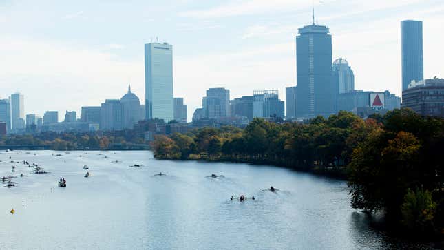 A photo of a lake in Boston with skyscrapers in the background. 