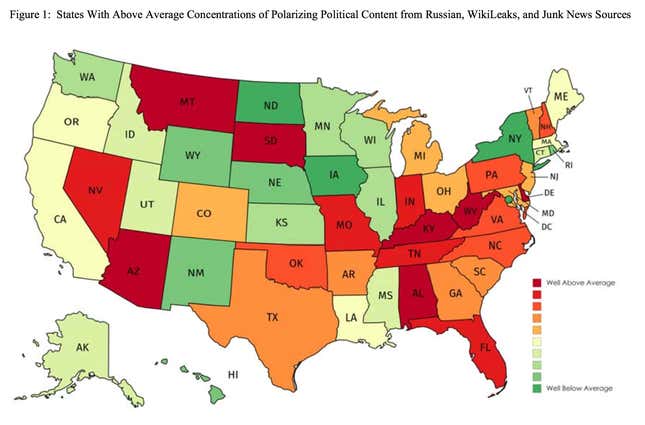 “States With Above Average Concentrations of Polarizing Political Content from Russian, WikiLeaks, and Junk News Sources”