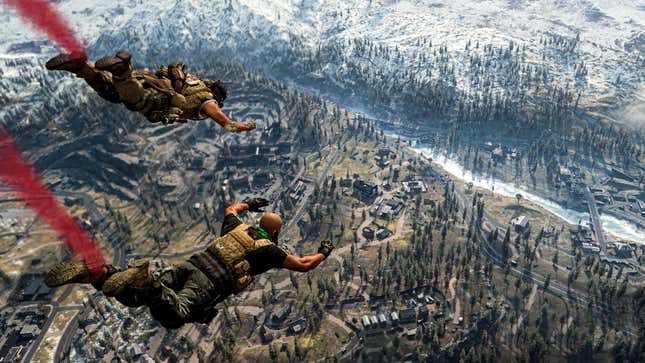 Two soldiers freefall toward a wooded area after jumping from an airplane in Call of Duty: Warzone.