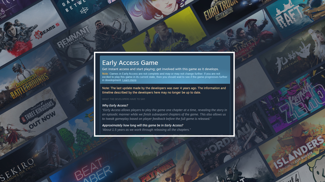 Une capture d'écran montre de nouveaux avertissements de valve pour un accès précoce.