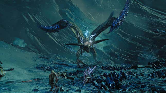 Two hunters face off against an Arch-Tempered Rey Dau inside its nest.