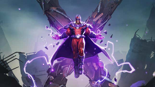 La animación MVP de Magneto lo muestra posando frente a una X gigante hecha de piezas de metal al azar.