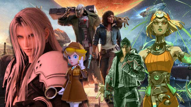 A collage of various characters, including FFVII's Sephiroth, Tekken 8's Jin, Super Mario Bros.' Peach, and others.