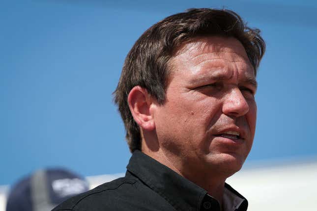 MATLACHA, FLORIDA - OCTOBER 05: Florida Gov. Ron DeSantis speaks during a press conference on the island of Matlacha on October 05, 2022, in Matlacha, Florida. DeSantis delivered remarks about the completion of a temporary bridge to reconnect the island, and Pine Island as well, to the mainland.