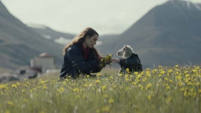 Noomi Rapace picks yellow flowers in a field with a young child that has a lamb head.