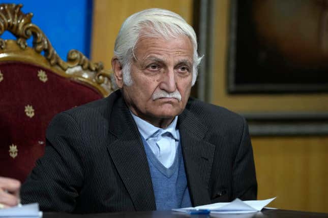 FILE - Farhatullah Babar, a veteran human rights activist and member of the Human Rights Commission of Pakistan, listens to a reporter during a news conference, in Islamabad, Pakistan, Monday, Jan. 1, 2024. Babar, an important ally of Pakistani Prime Minister Shehbaz Sharif, demanded the government lift a two-month-old ban on the social media platform X, saying it violates citizens&#39; right to speech and expression. (AP Photo/Anjum Naveed, File)