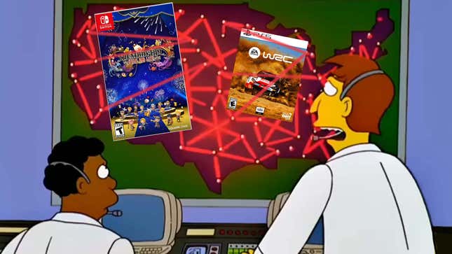 A screenshot of the Simpsons shows people panicking over a screen with video game covers on it. 