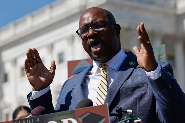 WASHINGTON, DC - SEPTEMBER 27: Rep. Jamaal Bowman (D-NY) joins fellow House Democrats for a news conference to announce a bicameral resolution recognizing Banned Books Week outside the U.S. Capitol on September 27, 2023 in Washington, DC. Banned Book Week runs October 1-7. 