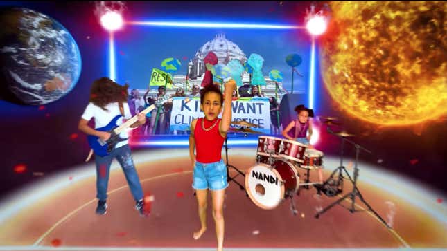 Screengrab of "The Children Will Rise Up!" music video, from Nandi & Roman with Tom Morello, Jack Black and Greta Thunberg