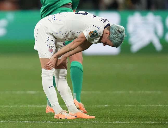 Aug 6, 2023; Melbourne, AUS; United States forward Megan Rapinoe (15) reacts after losing to Sweden in the penalty kick shootout during a Round of 16 match in the 2023 FIFA Women&#39;s World Cup at Melbourne Rectangular Stadium.