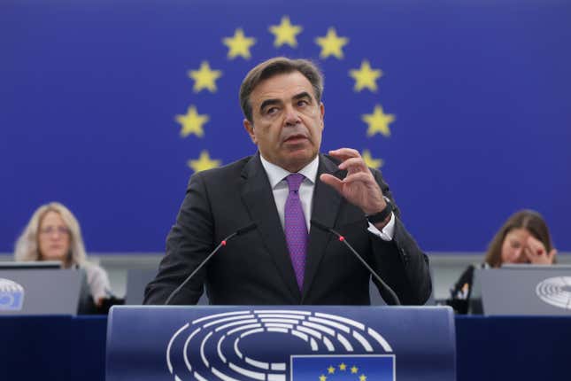 European Commission vice-president Margaritis Schinas delivers a speech on the speedy adoption of the asylum and migration package Wednesday, Oct. 4, 2023 in Strasbourg, eastern France. (AP Photo/Jean-Francois Badias)