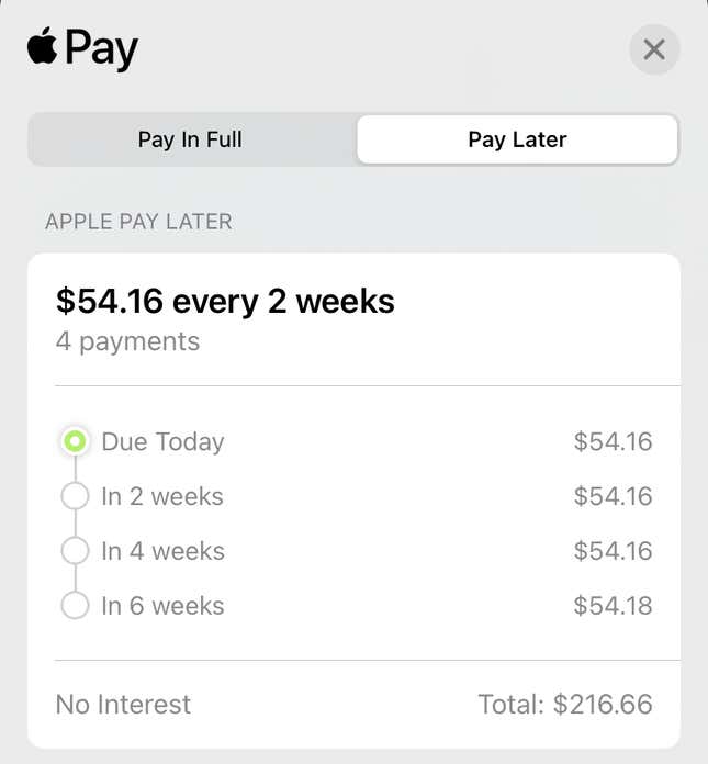 اختبار Gizmodo لعملية شراء مؤهلة لـ Apple Pay Later بقيمة 216.66 دولارًا.