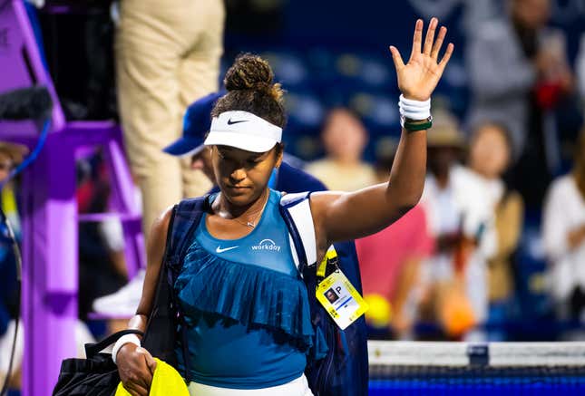  Naomi Osaka of Japan walks off the court after losing to Elise Mertens of Belgium in the second round on Day 3 of the National Bank Open Presented by Rogers at Sobeys Stadium on August 08, 2024 in Toronto, Ontario