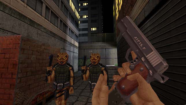 A screenshot shows two roach men standing in front of the player as they reload a gun.