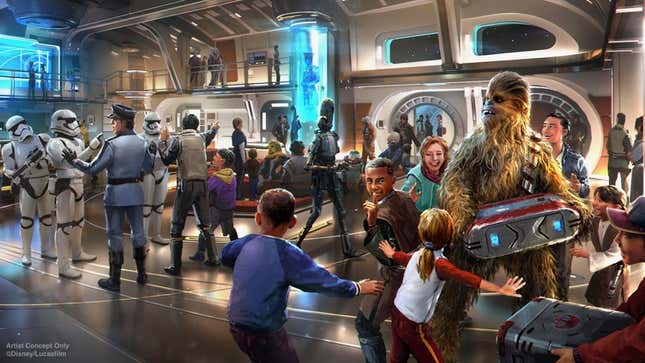 Galactic Starcruiser concept art shows a busy lobby full of aliens, robots, Stormtroopers, and more. 